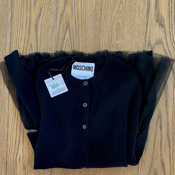 Moschino Couture Black Cardigan Sweater Jacket with Detachable Mesh Ruffled Hem - Picture 10 of 16